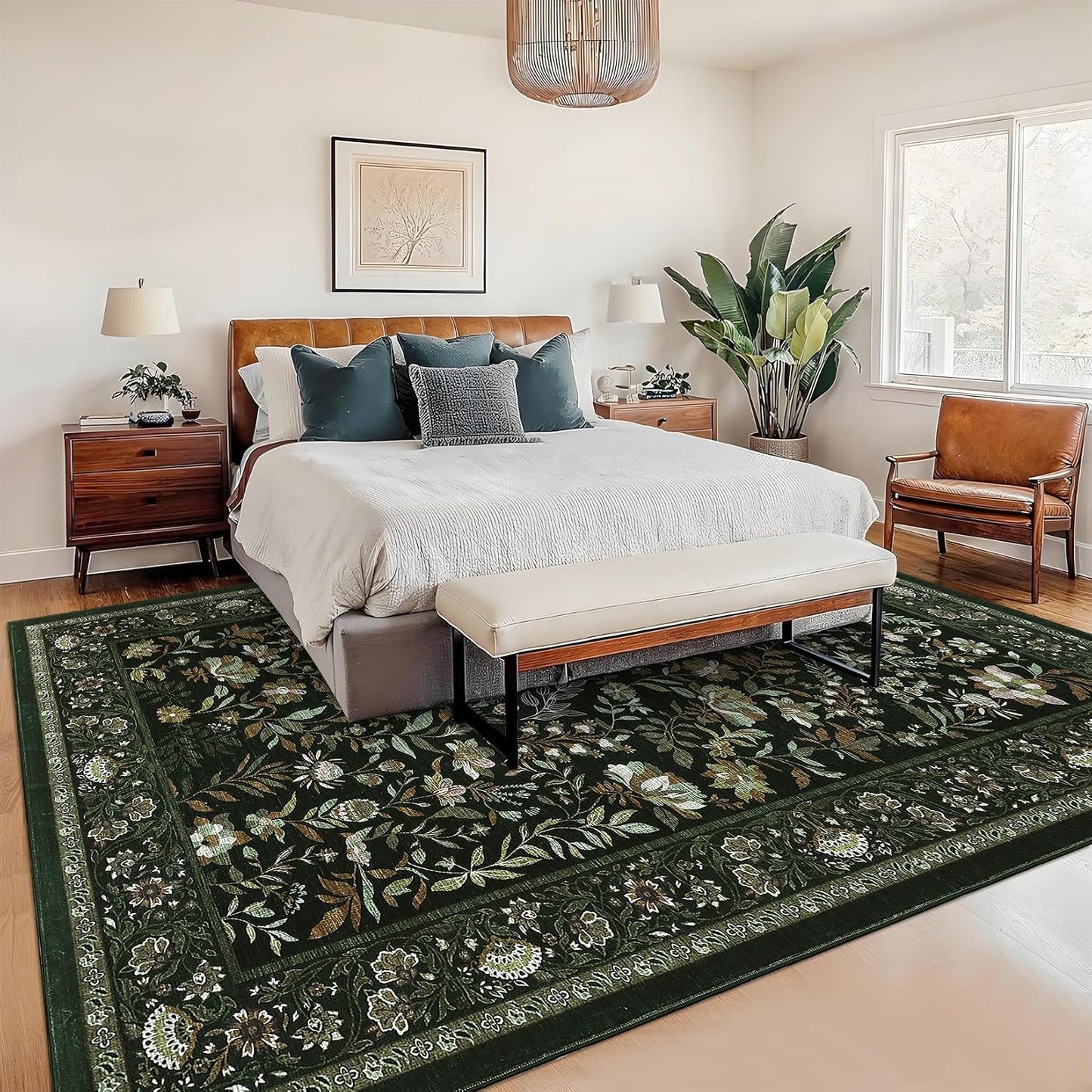 Alfombra floral verde musgo 5x7ft antiderrap interior