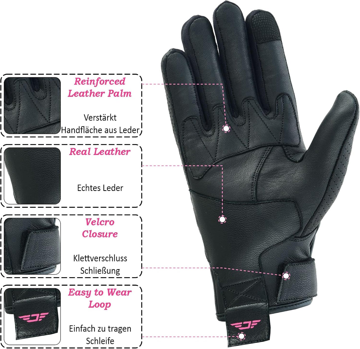 Guantes motocicleta mujer cuero pantalla táctil Rosa Pequeño