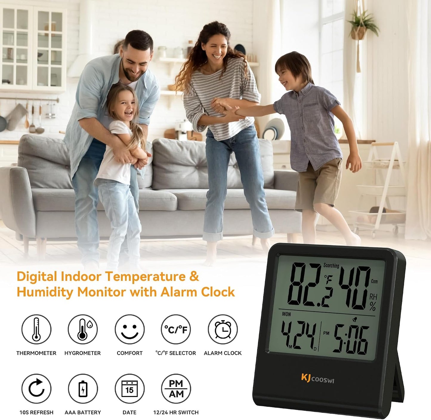 Termómetro higrómetro con reloj negro