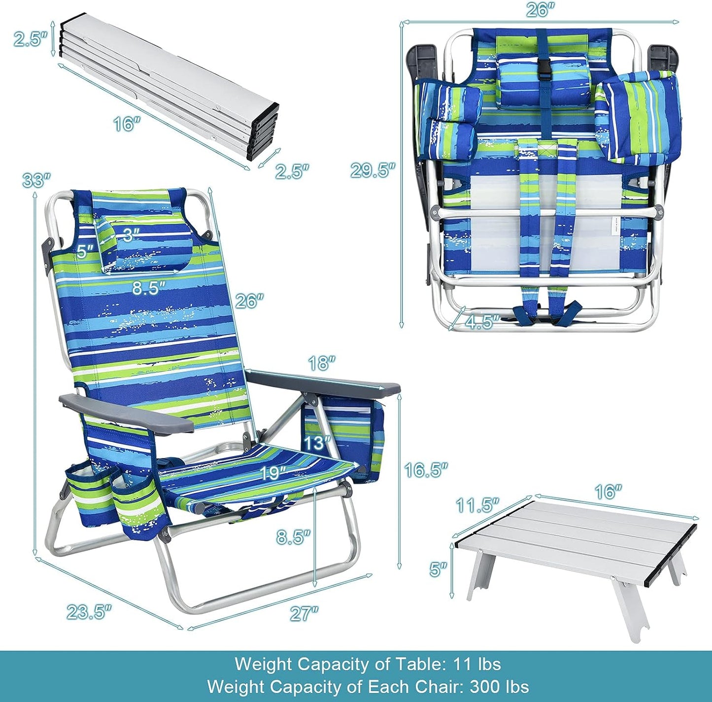 Set 2 sillas playa plegables con mesa aluminio y almohada