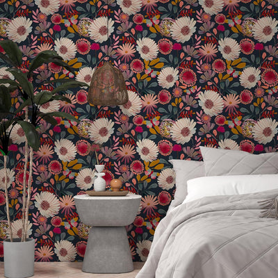 Papel tapiz floral oscuro autoadhesivo 17.5x394pulg baño