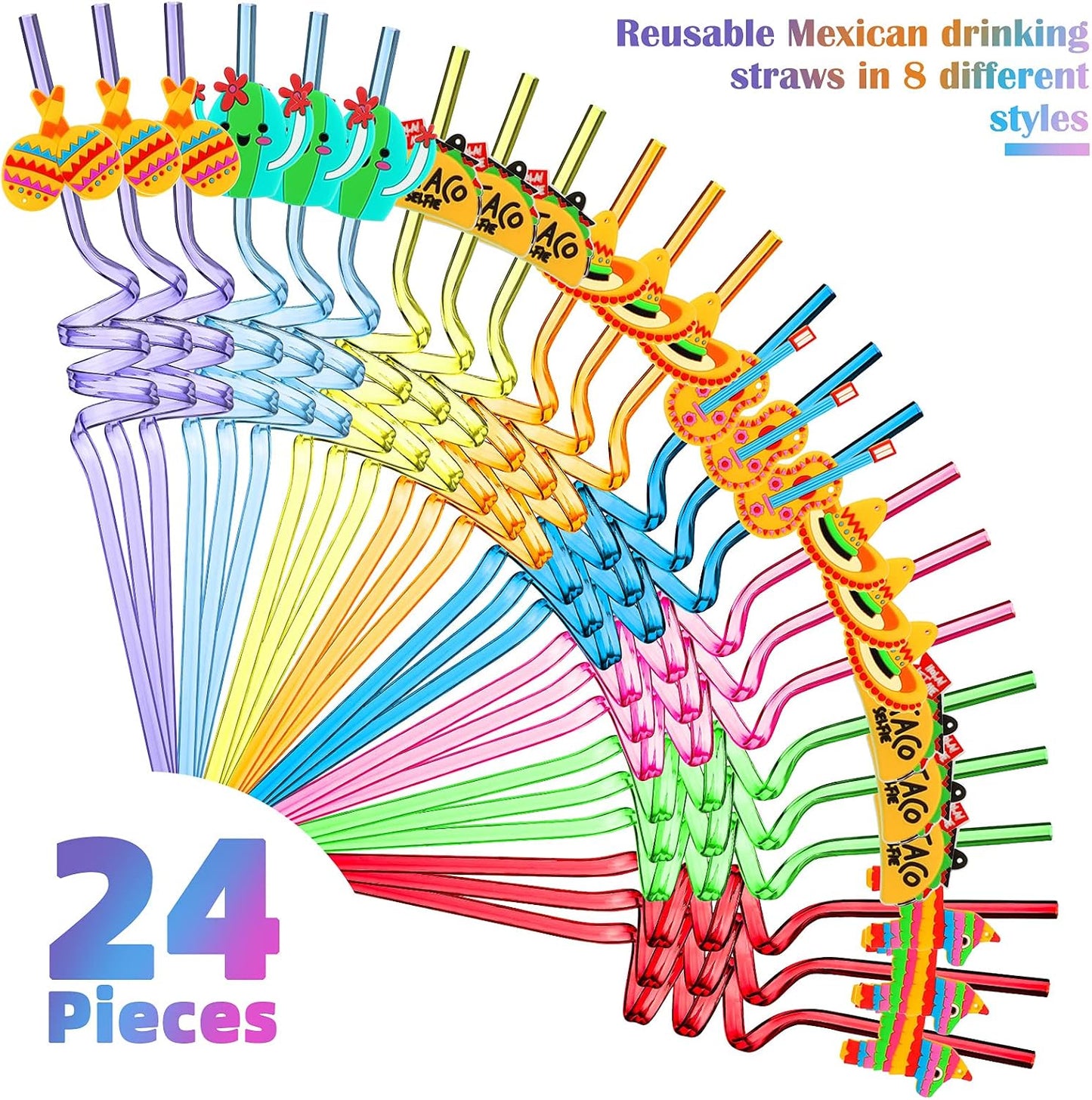 24 Popotes Plástico Reutilizables Fiesta 5 de Mayo