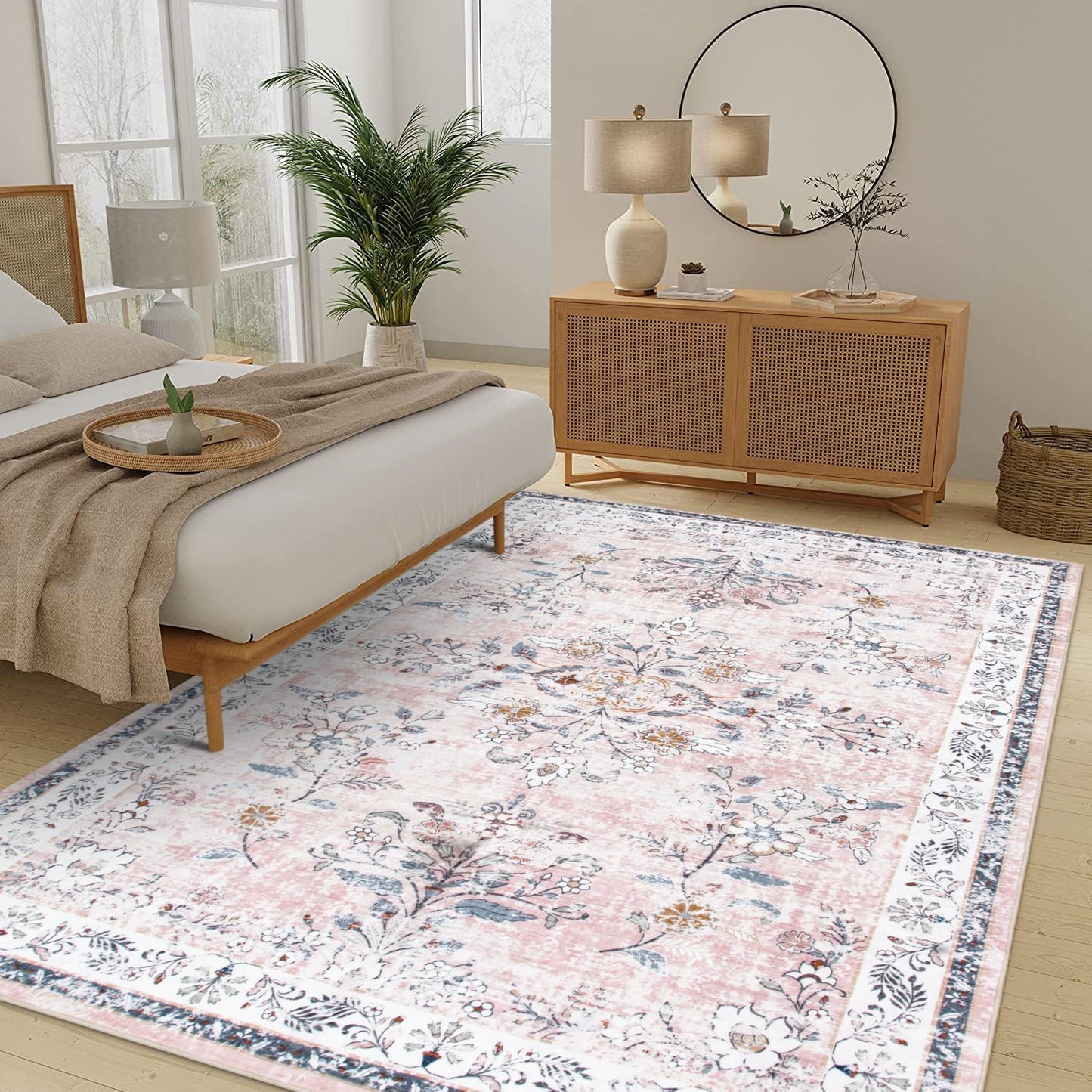 Alfombra bohemia 8x10ft suave diseño floral rosa antiderrap