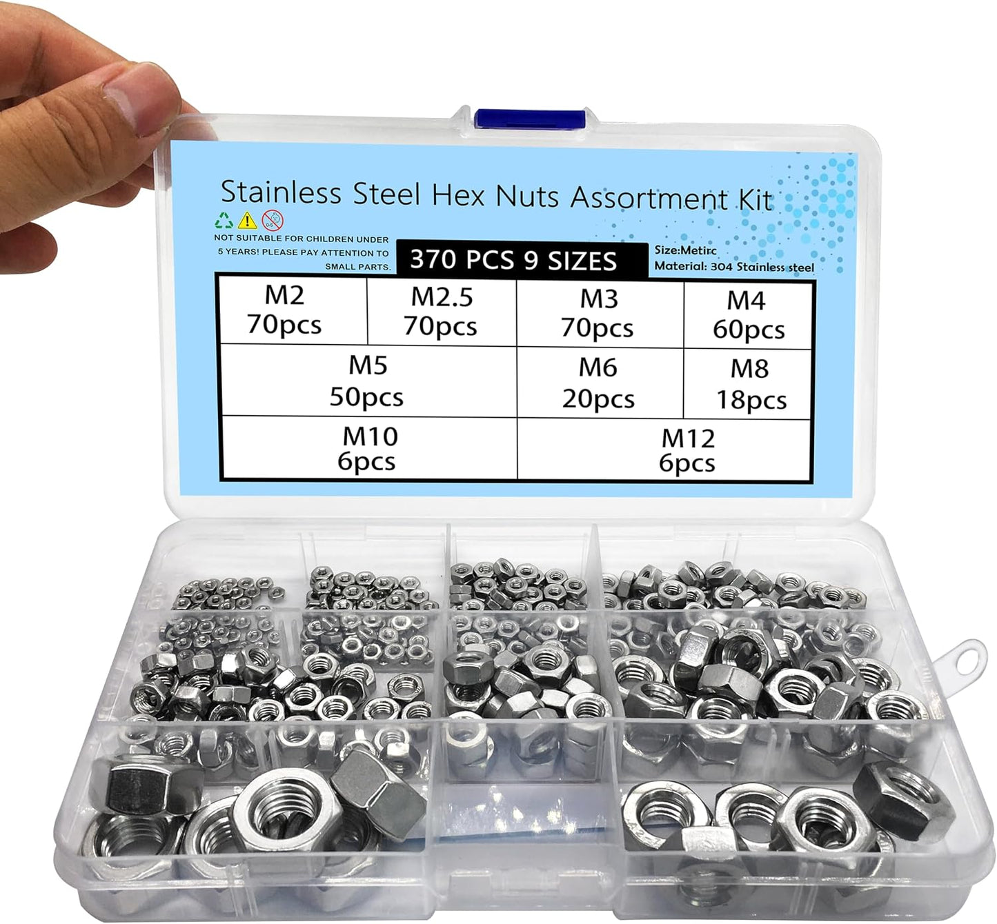 370 Pzas Set Tuercas Hex Acero Inox M2-M12