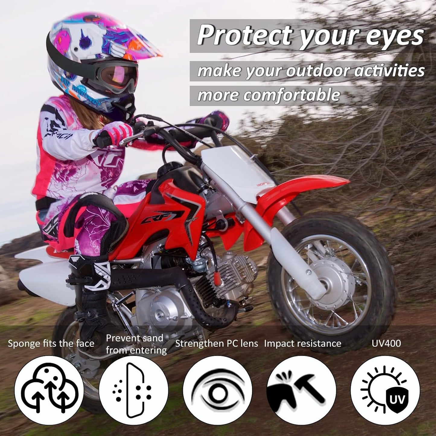 2 Gafas Motocross con 2 Bandanas Cuello Adultos y Niños