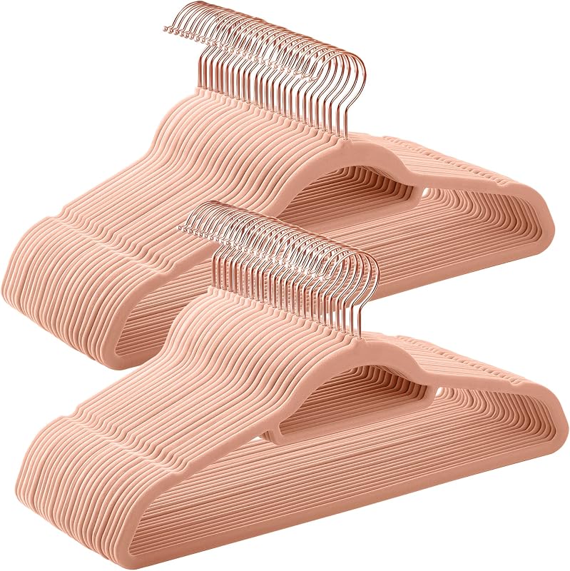 50 Pzas Perchas Terciopelo Gancho Giratorio Oro Rosa 17.1pulg