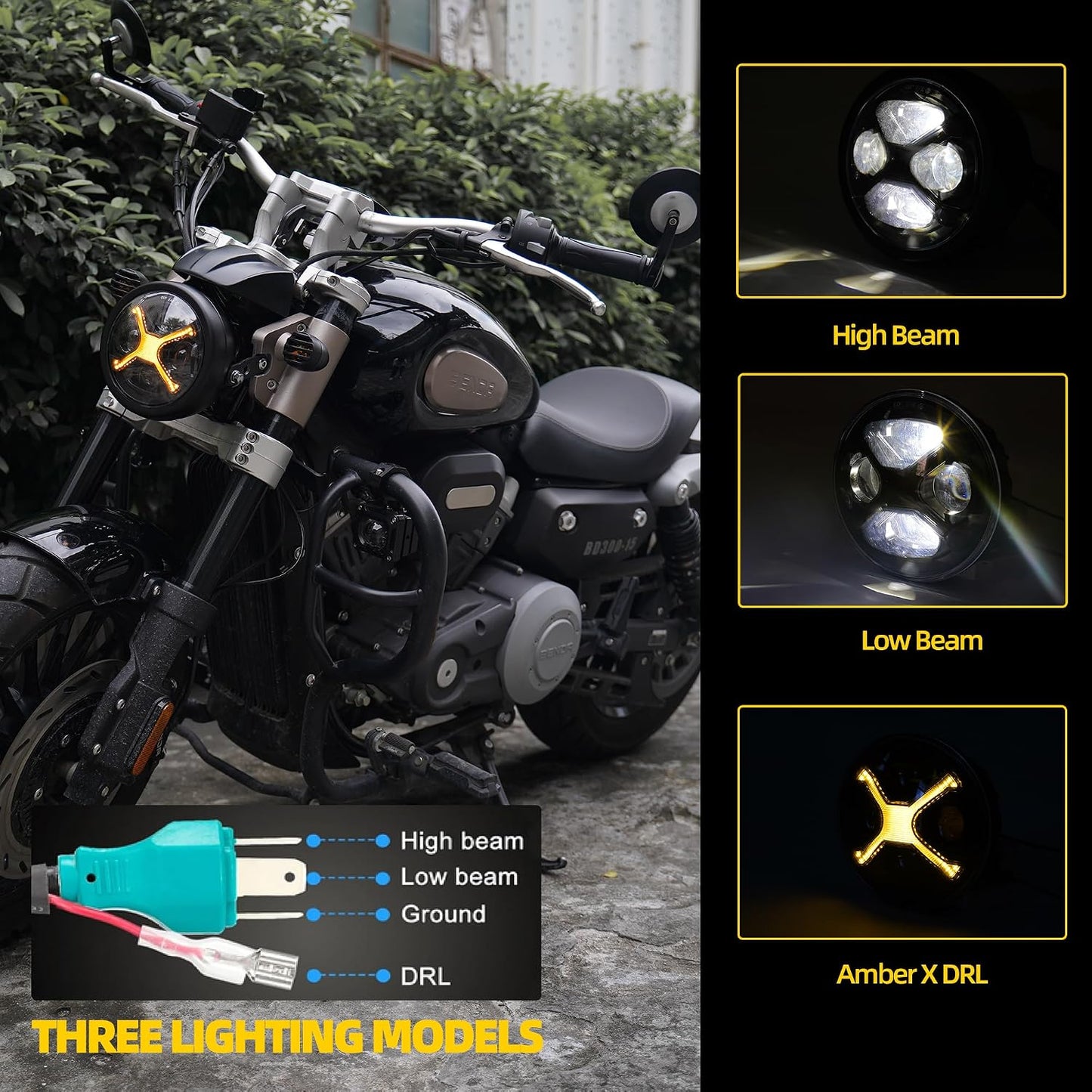 Ensamble faro LED 5.75" DRL ámbar para Harley Sportster