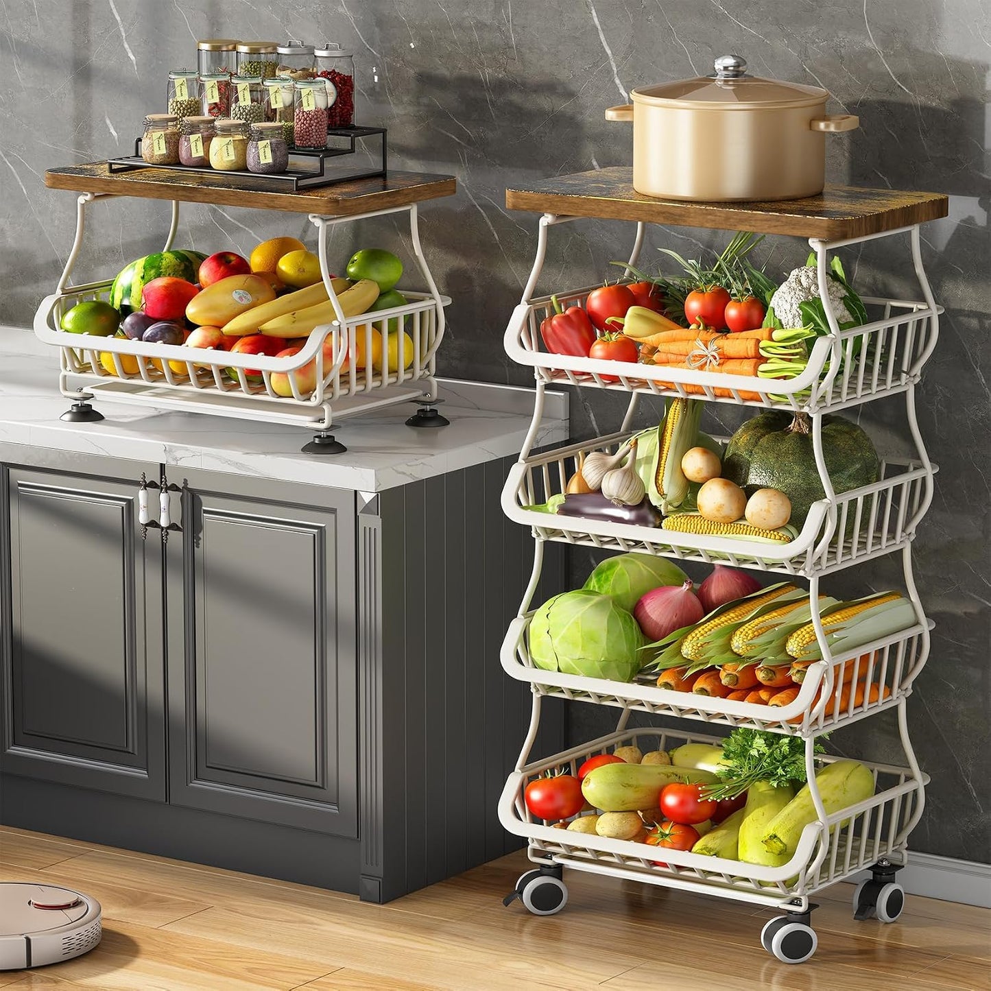 Cesta frutas cocina 5 niveles madera apilable con ruedas