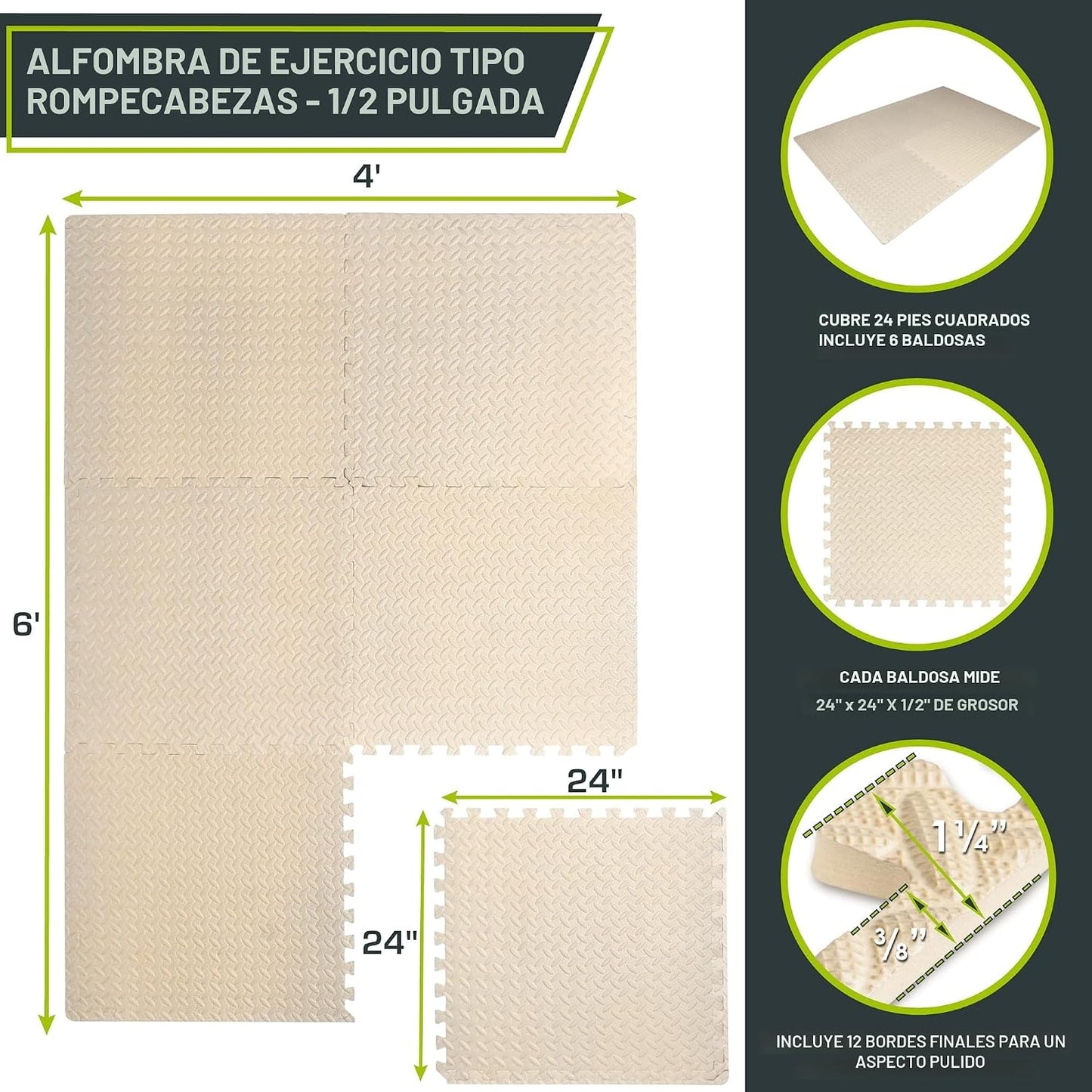 Tapete ejercicio espuma EVA 24x24pulg 24pies2