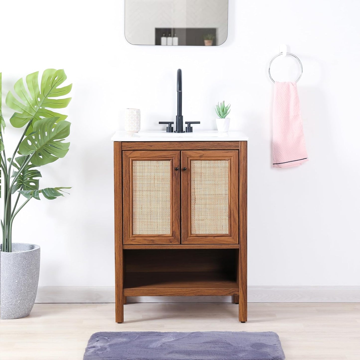 Armario tocador baño 24x18x33pulg puertas ratán estante