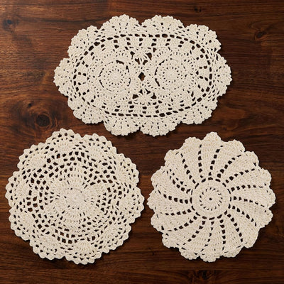 3 Manteles Encaje Algodón Bordados Ovalados y Redondos 7-13pulg