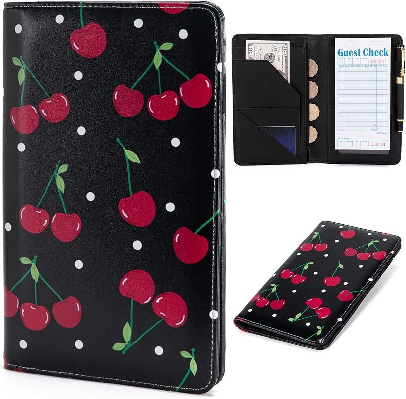 Libreta servidores cuero con bolsillo cremallera cereza negra