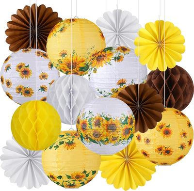Set 18 Pzas Faroles Girasol Papel Amarillo Blanco
