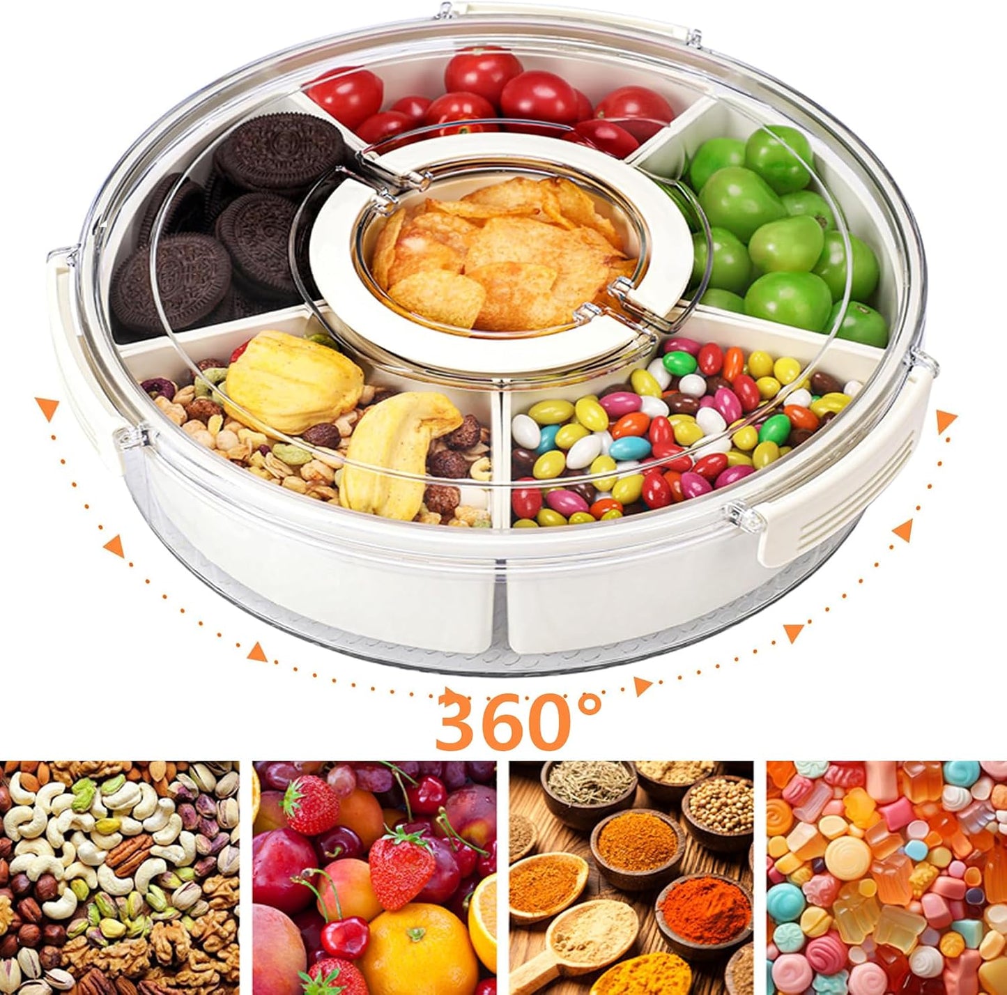 Bandeja servir con tapa asa 6 compartimentos redondo giratorio