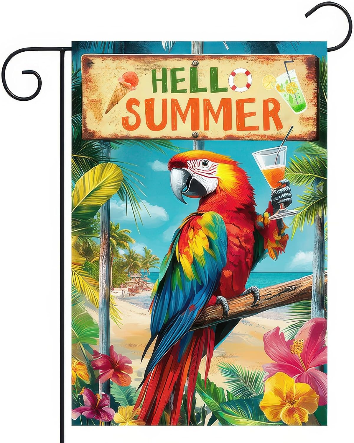 Bandera jardín doble cara hello summer 12x18pulg tropical