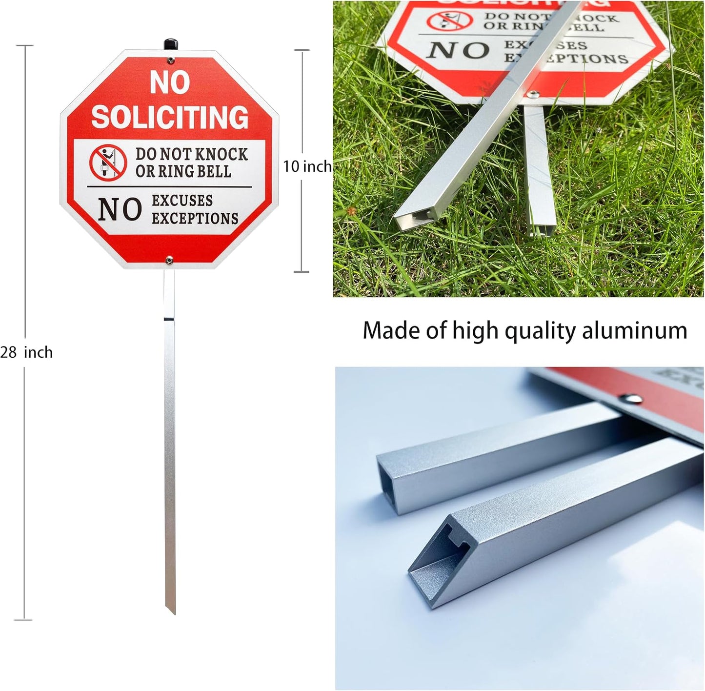 Letrero No Soliciting aluminio inox 10x10pulg con estaca 28pulg