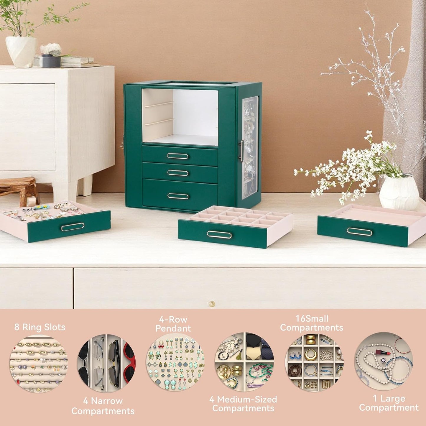 Joyero mujer 6 capas vidrio 5 cajones puertas verde