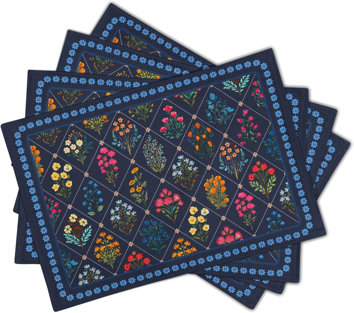 Set 4 Manteles Individuales Estampado Flores Azul Oscuro