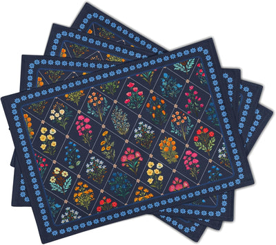 Set 4 Manteles Individuales Estampado Flores Azul Oscuro