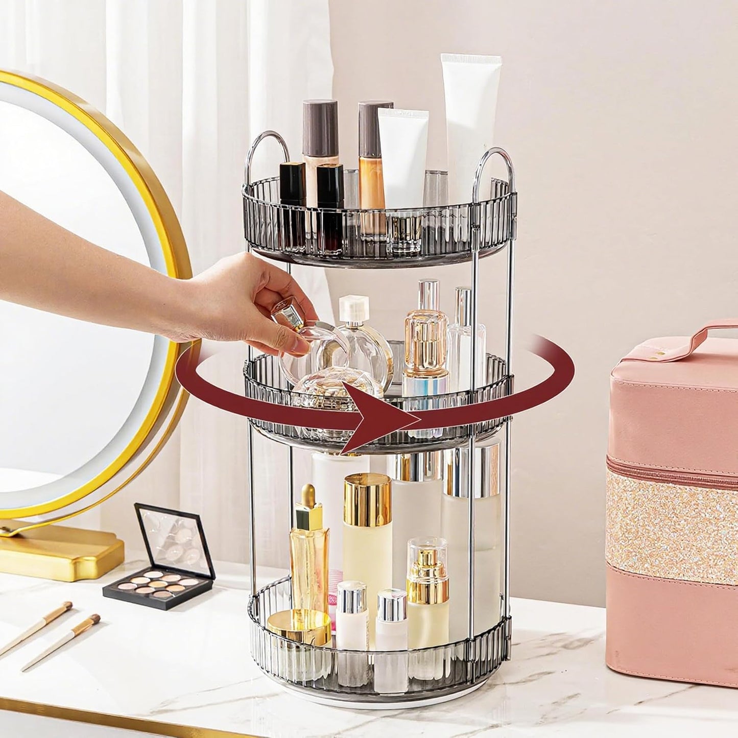 Organiz. maquillaje giratorio 360° 3 niveles gris