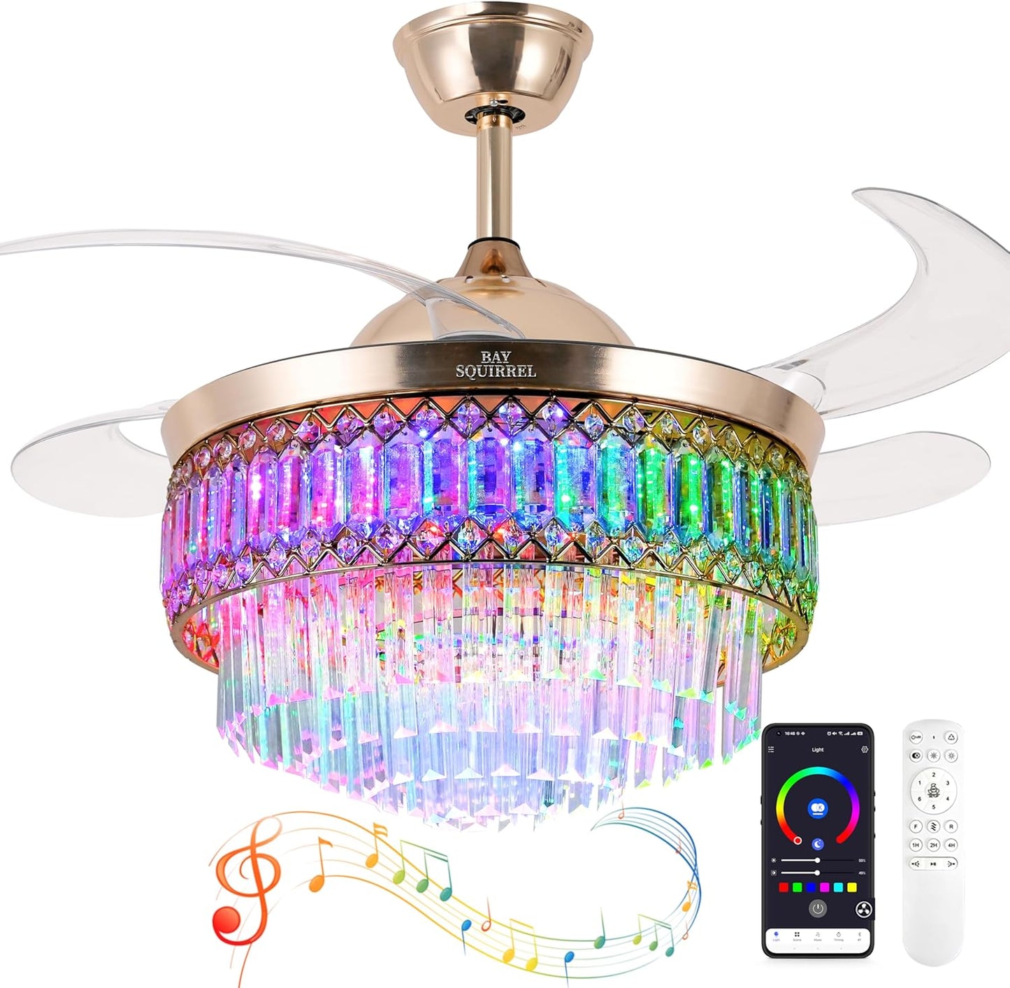 Ventilador techo retráctil con luces RGB, control y altavoz