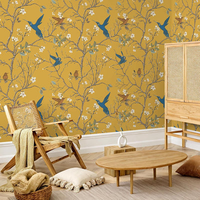 Papel tapiz chinoiserie amarillo 17.7x354pulg
