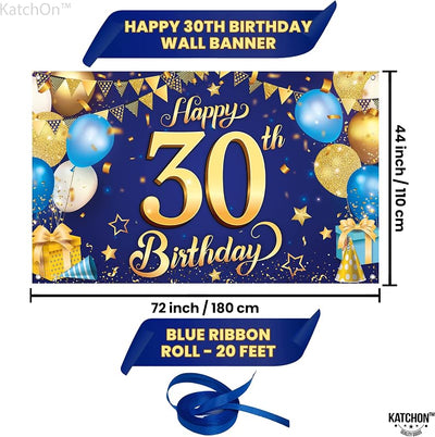 Cartel feliz cumpleaños 30 azul y dorado XL 72x44pulg