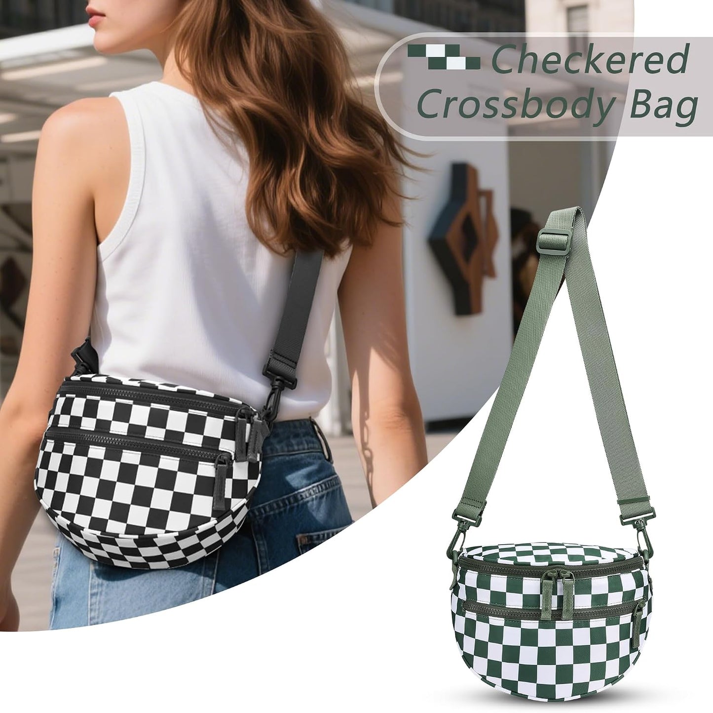 Bolso cruzado a cuadros de nailon para mujer verde guisante