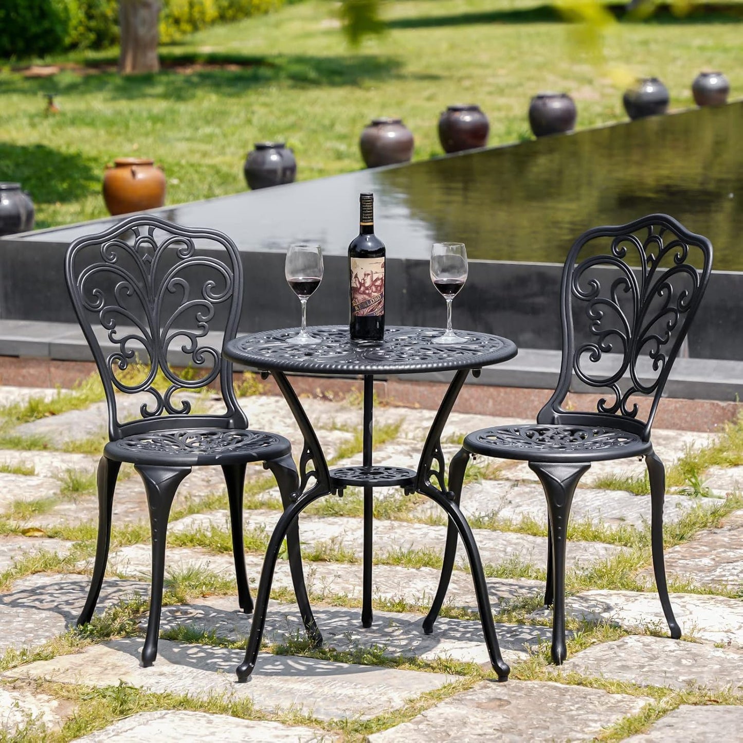 Set 3 Pzas Mesa Bistró Aluminio Sillas Negro