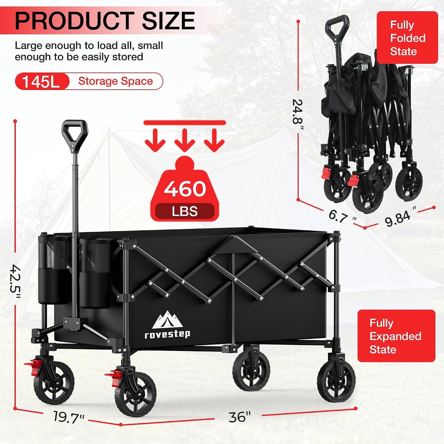 Carro plegable todo terreno para jardín camping 145L 460lb
