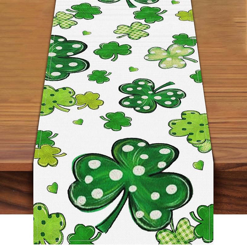 Mesa Camino San Patricio 72x13pulg trébol lino lunares