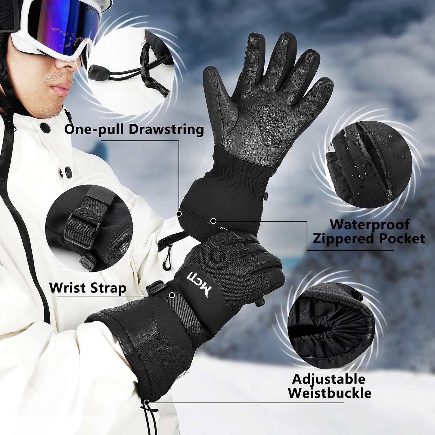 Guantes esquí cuero hombre impermeables pantalla táctil