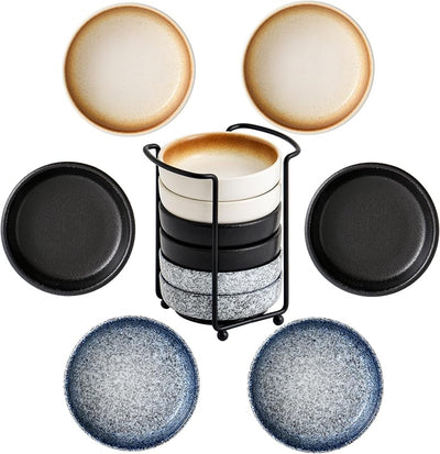Set 6 Cuencos Cerámica 3.5pulg Soporte Metal Salsa Barbacoa