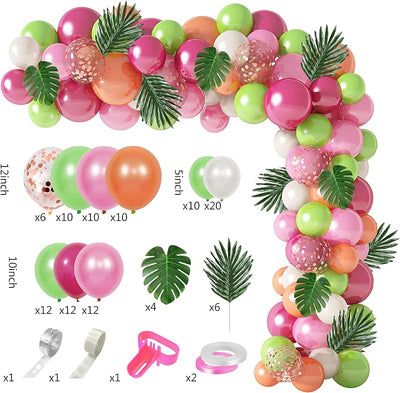 Kit guirnalda globos tropicales 117pzas rosa fuerte oro