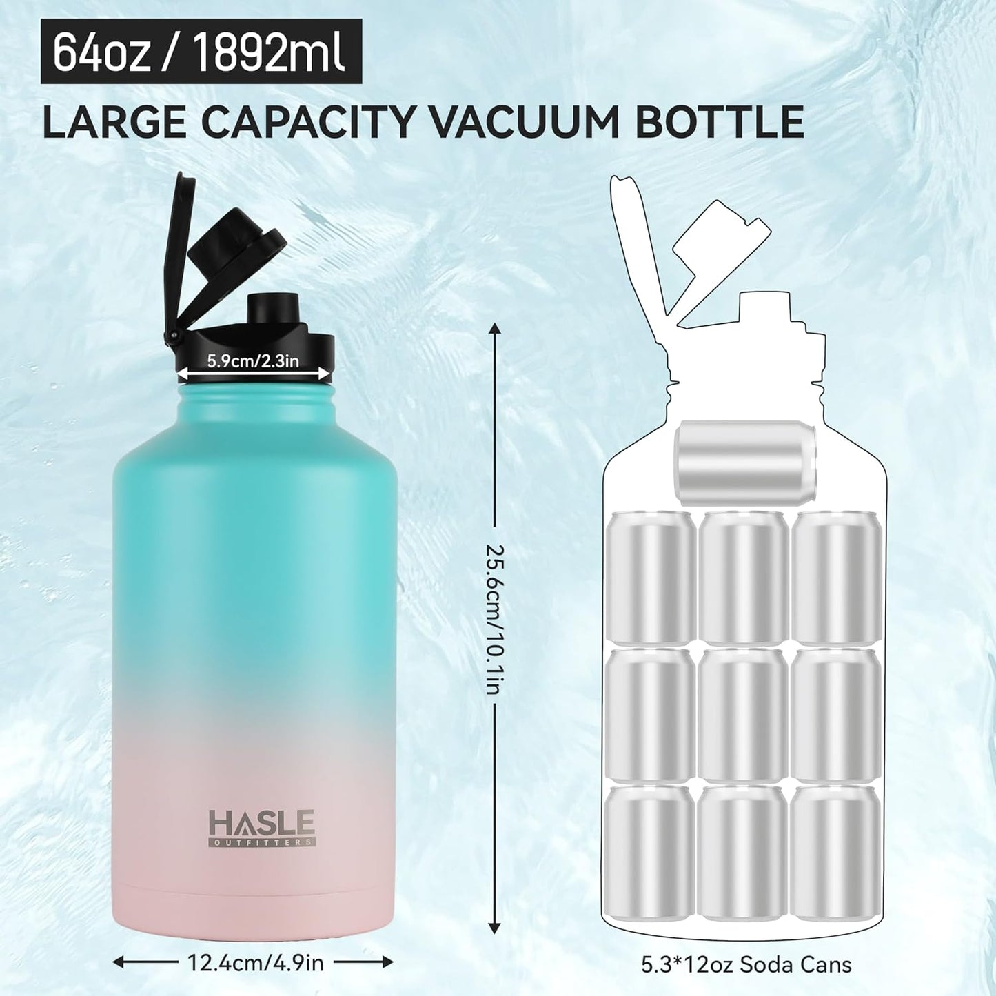 Botella agua acero inox 64oz 2 tapas aislada 48h