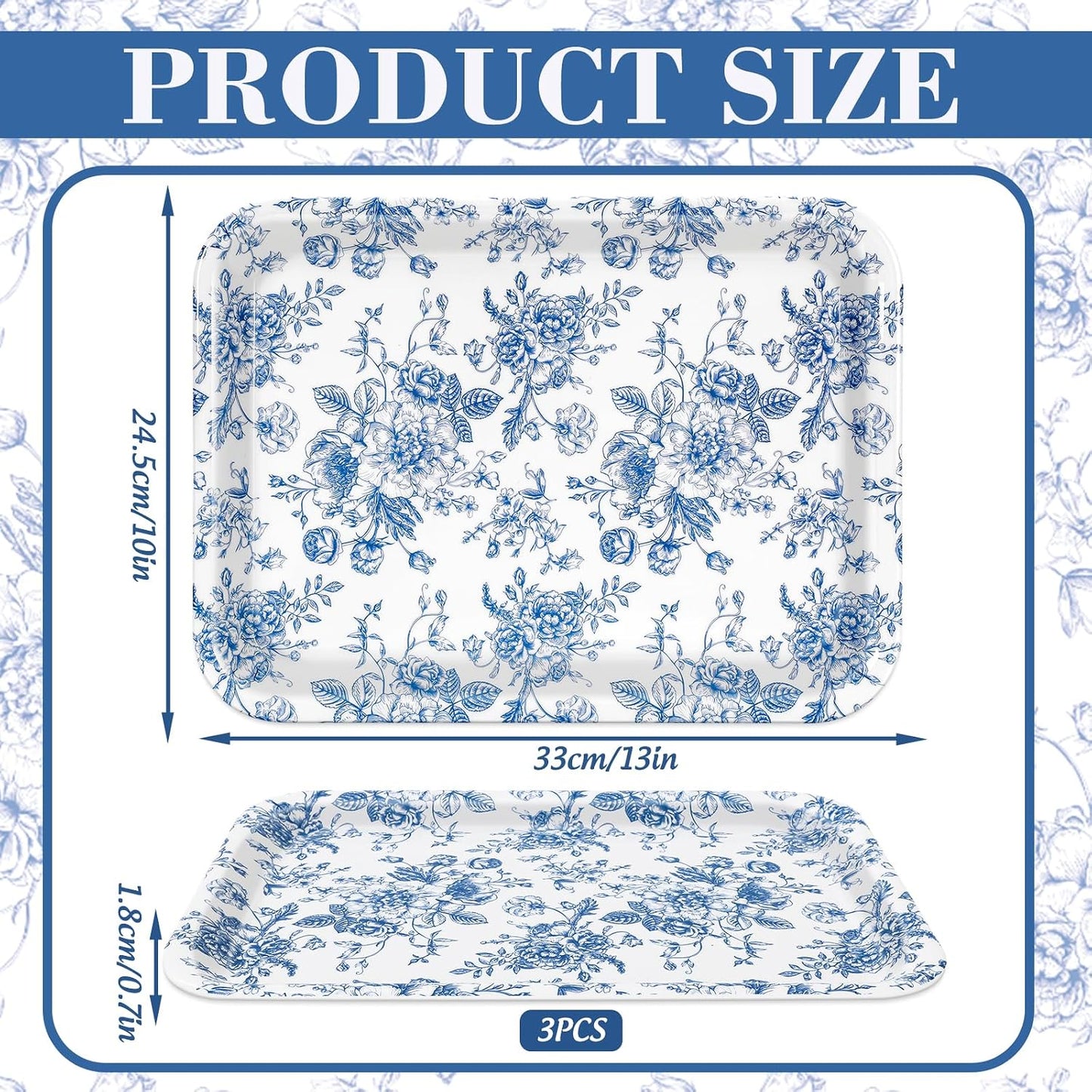 3 Bandejas Florales Estampado Azul y Blanco