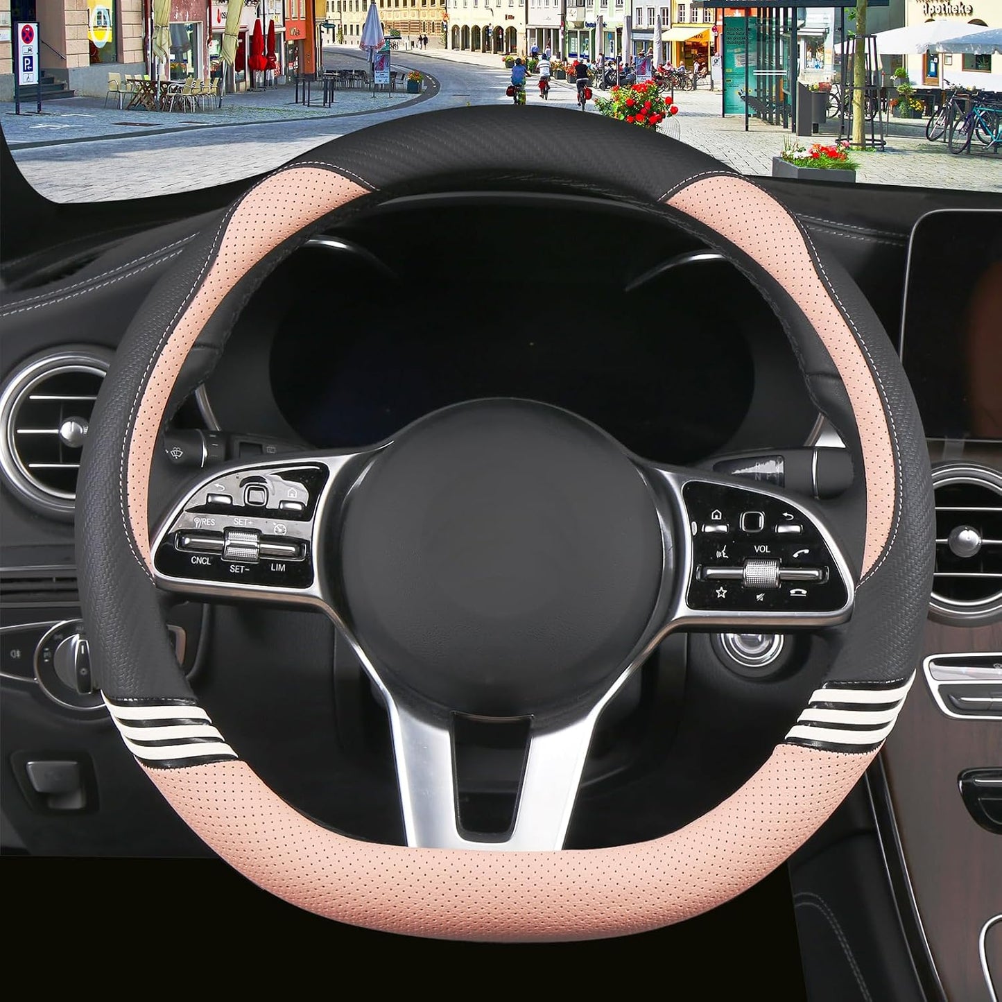 Funda volante forma D universal 15" color negro y rosa
