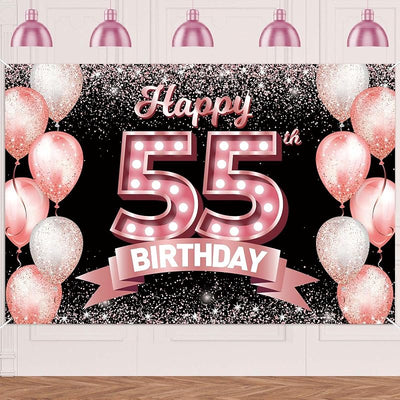 Cartel cumpleaños 55 años color oro rosa confeti globos