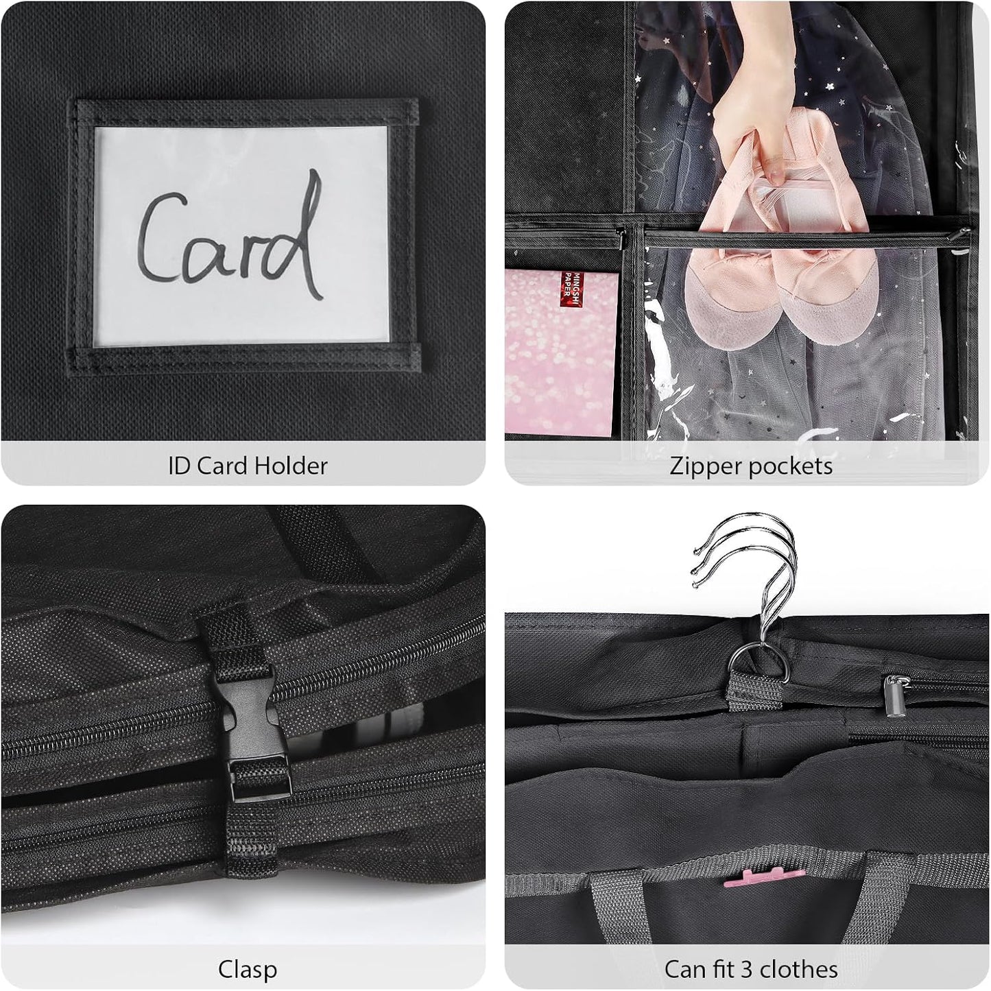 Bolsa traje baile 40" negra 3 bolsillos transparentes