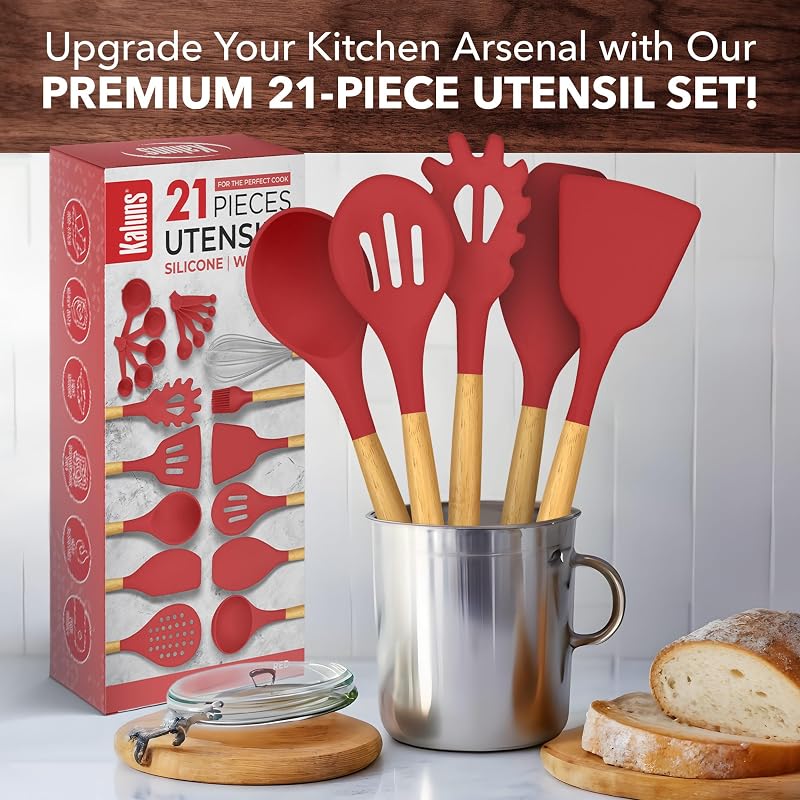 Set 21 Utensilios Cocina Madera y Silicón Antiadherente