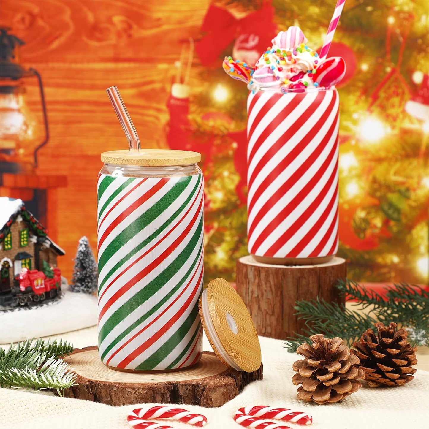 6 Vasos Navidad 16oz con Tapas Bambú para Café Helado