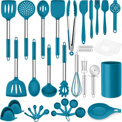 Set 43 Utensilios Silicona Soporte Espátula Acero Inox Azul