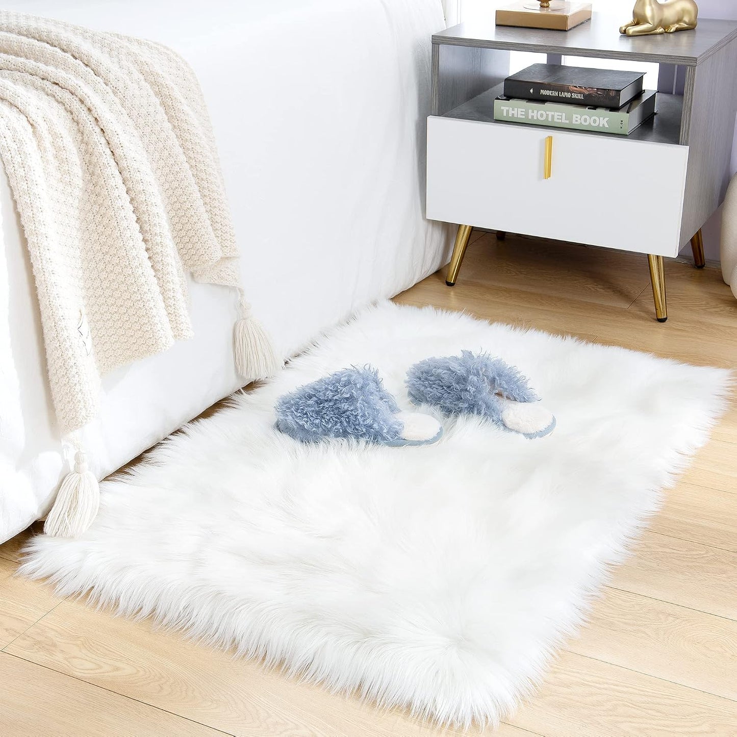 Alfombra piel sintética blanca 2x3ft lavable dormitorio