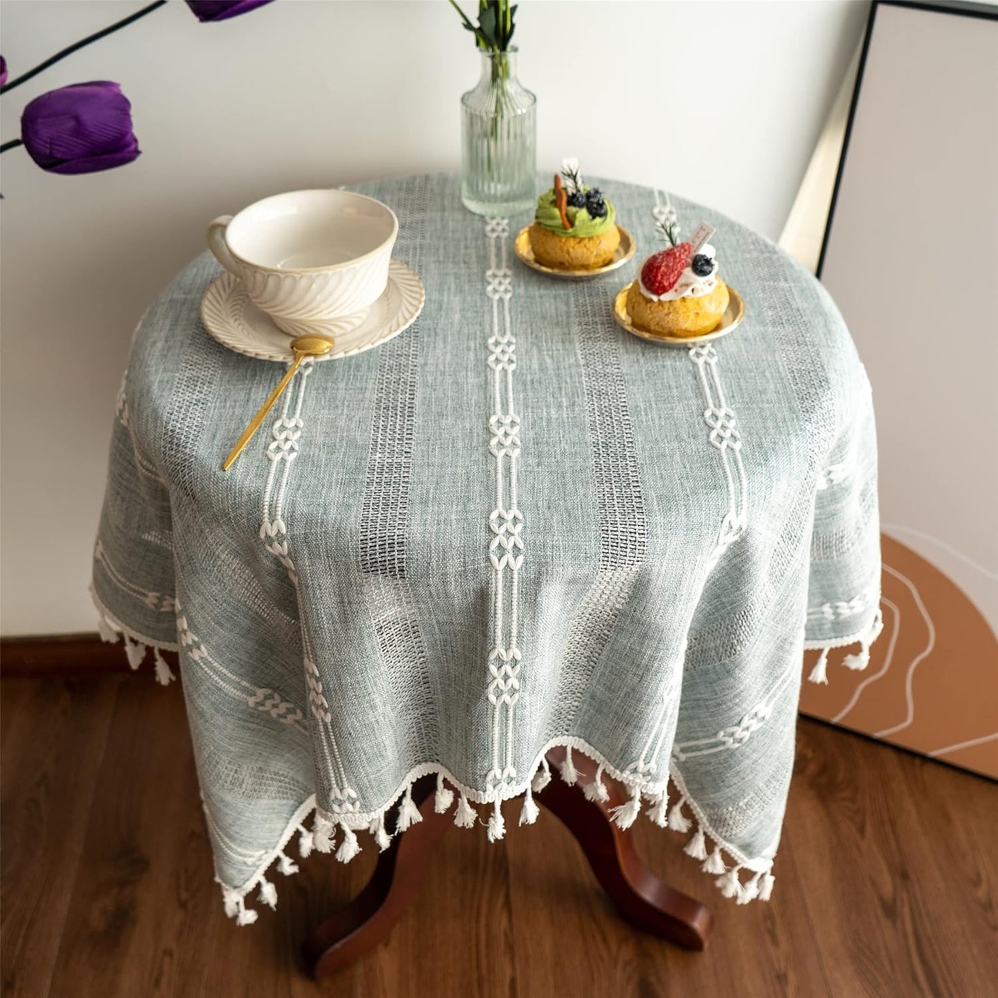 Mantel rayas rústicas borlas 36x36pulg gris