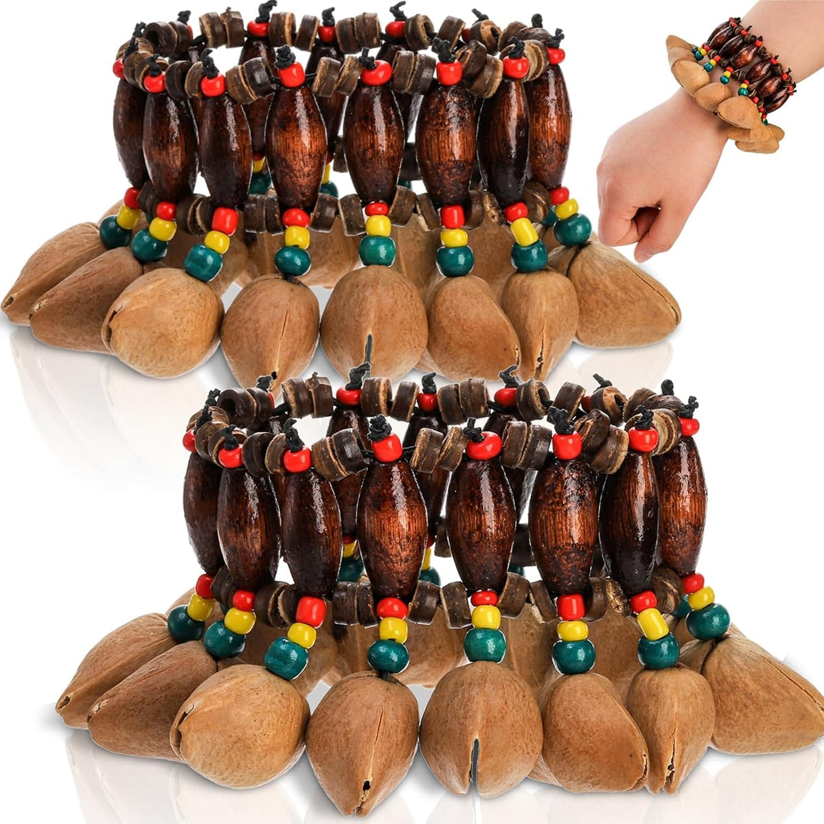 2 Pzas Pulsera Cáscara Nuez Campanilla Tribal Africana