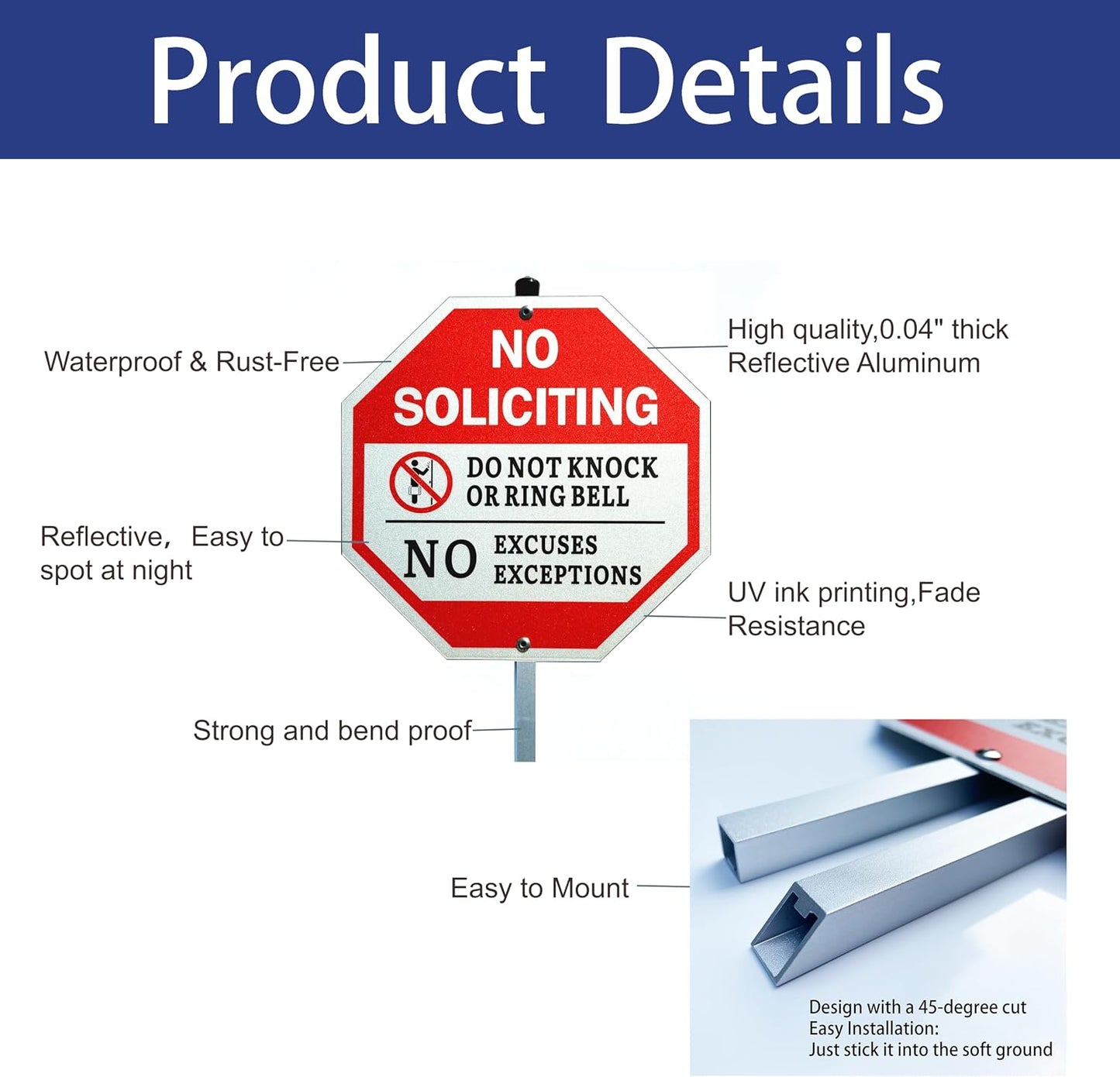 Letrero No Soliciting aluminio inox 10x10pulg con estaca 28pulg
