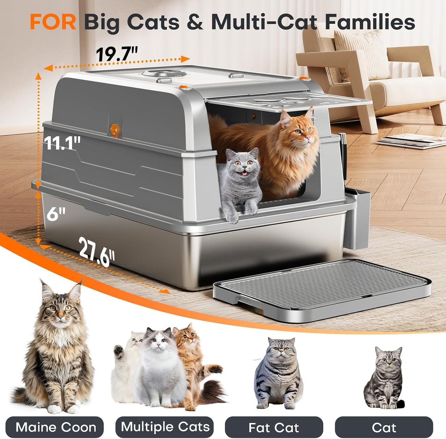 Caja arena acero inox 152l 3 capas filtro carbón para gatos