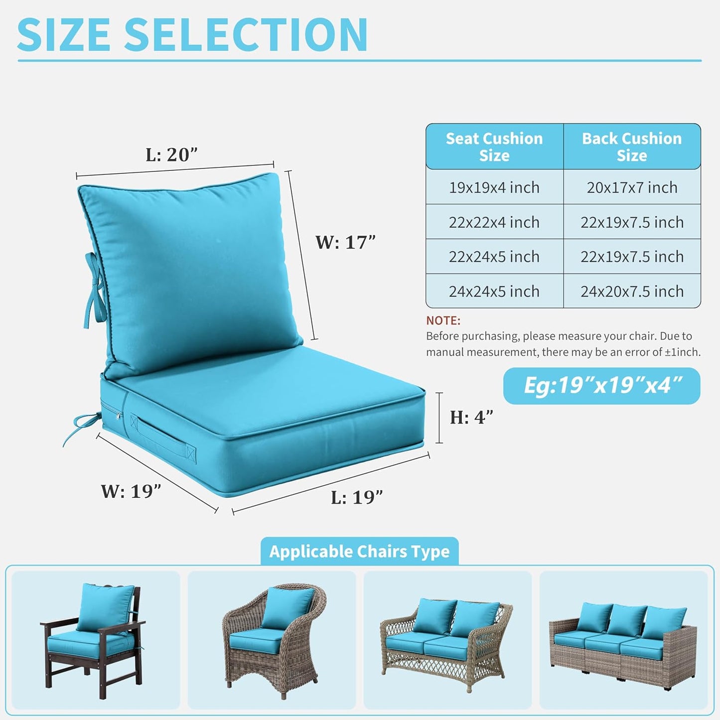 Cojines asiento exterior 19x19x4" impermeable set