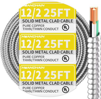 Cable 12/2 MC con tierra 25ft aluminio armadura cobre sólido