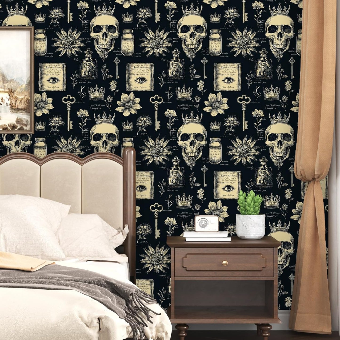 Papel tapiz calavera gótica bruja beige negro autoadhesivo